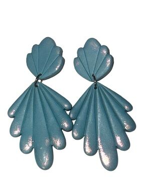 HANDMADE Polymer Clay Dangles Iridescent Teal Fan Drop Earrings